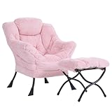 Givjoy Plush Lazy Chair and Ottoman, Large Contemporary Accent Lounge Chair with Armrests and a Side Pocket, Modern Leisure Upholstered Sofa Reading Armchair with Footrest for Bedroom, Living Room