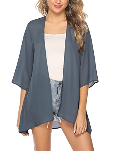 Aottori Kimono Cardigan Femme Été Mousseline de Soie Gilet Plage à Manches 3/4 Bohème Outwear Pareo Tops Châle Cover 2# Gris Pur M