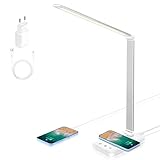 Wilktop LED Schreibtischlampe,Dimmbar Tischlampe 6W Wireless Laden und USB-Ladeanschluss Augenschutz,10 Helligkeitsstufen,5 Farb Touchfeldbedienung Tischleuchte für Leser,Kinder (Silber Weiss)
