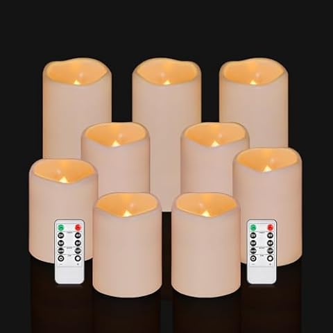 Artmarry Flameless Candles 4" 5" 6" Set of 9 Ivory Waterproof Pillars 3" Diameter Battery Operated Flickering Candles Include 10-Key Remote Timer Function 400+ Hours by 2 AA Batteries (9 Pack) Cover