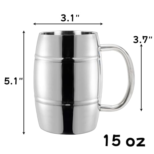 Image of Goaste 4 Pack Stainless Steel Barrel Mugs, 15 OZ Double Walled Beer Stein with Strong Handle, Heat Insulated Metal Drinking Cup, Coffee Tea Camping Travel Tumblers for Hot or Cold Beverages