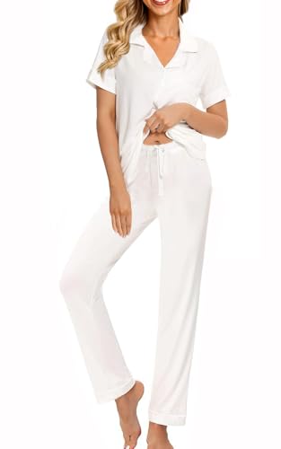 Image of WJing Yi Jia Womens Soft Pajamas Set XS-XXL Button Down Sleepwear Short Sleeves Pajama sets with Long Pants Pj Set Nightwear