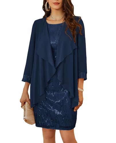 GRACE KARIN Sommer Sexy Ärmelloses Zweiteiliger Kleider mit Pailletten Rundhals Knielang Einfarbiges Übergrößes Cocktailkleider Navy Blau XXL