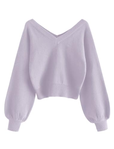 Image of ZAFUL Women's Cropped Sweater V-Neck Long Sleeve Pullover Jumper Knit Top | Crop Length, Ribbed Knit, Double V design, White sweater, Raglan sleeves, lantern sleeve, Fall & Winter, Loose fit, Oversized