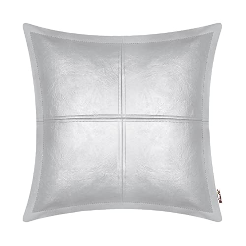 BRAWARM Piped Faux Leather Throw Pillow Cover 22x22 Inches, Silver, 1 PC