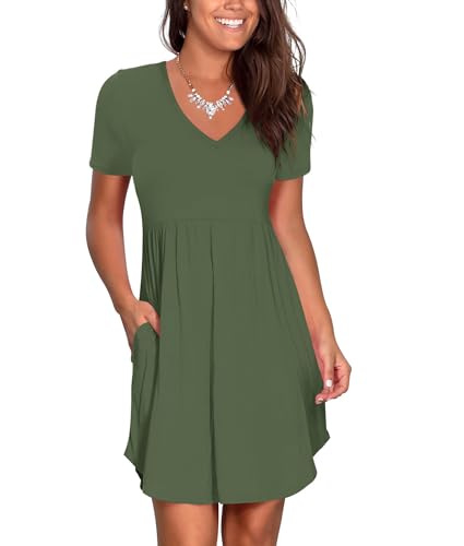 SoTeer Women's Summer V-Neck Pleated Swing Dress – Casual Short Sleeve Loose Mini Dress