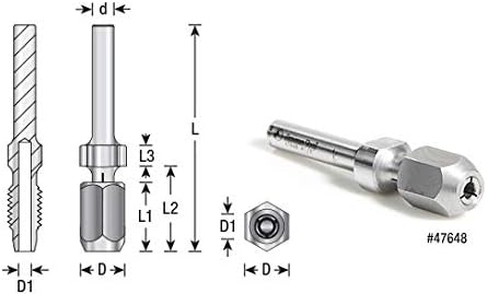 Amana Tool CNC Extension Adapter for 1/4 Inch Shank Router Bits, 47642, 5/8 Dia, ¼ Sh, 2-5/8 Length, D1 ¼, L1 15/16, L2 1-3/16, L3 ¼ Inch