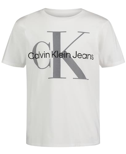 Calvin Klein Boys' Short Sleeve Logo Crew Neck T-Shirt, Soft, Comfortable, Relaxed Fit, Mono White, 18-20