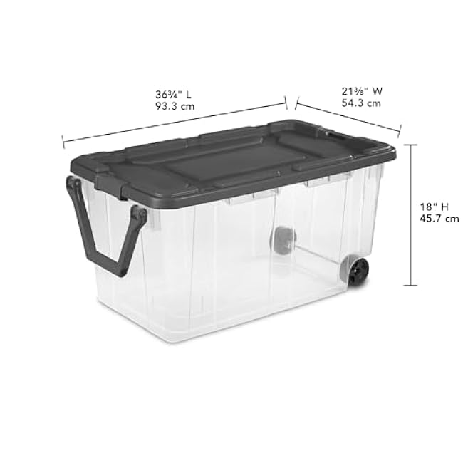 Heavy-Duty Wheeled Storage Container, 40 Gallon Capacity, Weather-Resistant Plastic, Stackable with Drip-Resistant Lid, 36.75 x 21.38 x 18 Inches (Clear/Gray, 1)