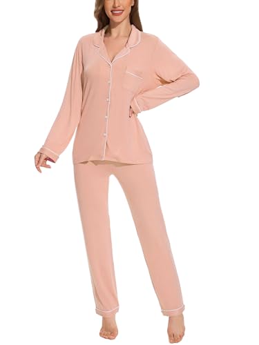 Image of Women's Pajama Tops and Pajama Pants Women Long Sleeve Button Sleepwear PJ Set, Nude, XXL