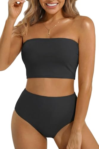 Tempt Me Women Black Bandeau Bikini Set Strapless High...