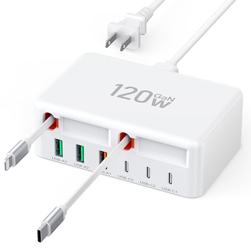 Upgraded 8-in-1 Retractable USB C Charger Block 120W GaN Multi Charging Station Hub with Lightening & Type C Cable Travel Essential USB C Power Strip Plug for iPhone 17 16 15 14 Pro Max iPad Galaxy