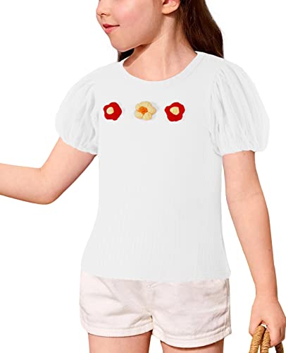 Meilidress Kids Girl's Round Neck Puff Sleeve Mesh Tops Three Flowers T-Shirt Blouse Pullover 5-12 Years #TOP3