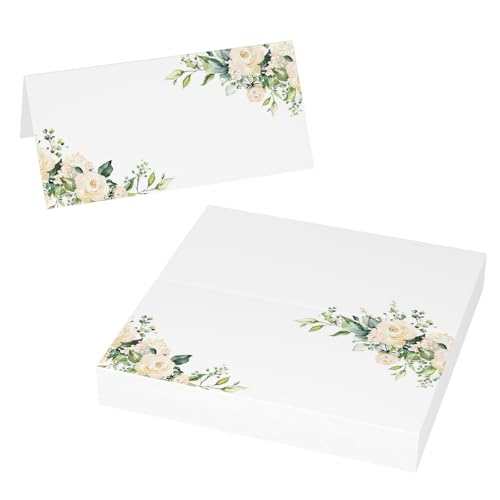Lot de 50 marque-places de mariage avec roses blanches, vierges pliables pour table, mariage, baptême, communion, anniversaire