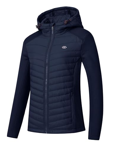 MoFiz Damen Sportjacke Steppjacke Premium Hybridjacke Atmungsaktiver Hooded Trainingsjacke für Laufen, Wandern und Freizeit Marineblau L