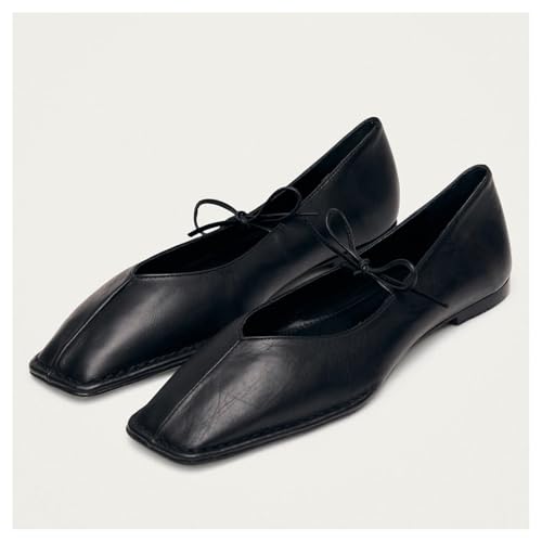 Image of Ballet Flats for Women Lace Up Bow Square Toe Mary Janes Cute Ballerina Shoes Slip On Comfortable Elegant Dress Shoes