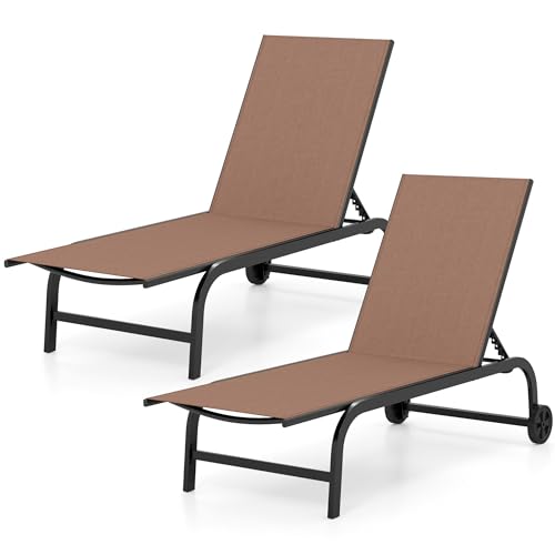 KOMFOTTEU Juego de 1/2 Tumbona de Jardín con Ruedas, Tumbona de Tela con Respaldo Ajustable en 6 Posiciones, Silla Reclinable de Exterior, Carga 150 kg, para Balcón, Terraza, Piscina (Marrón x 2)
