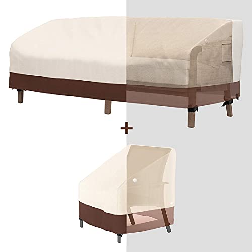 Tuyeho Patio Chair Cover & Outdoor 3 Seat Sofa Cover, 600D Heavy Duty Waterproof Cover, UV Resistant for Your Garden Furniture Set (Beige & Brown)