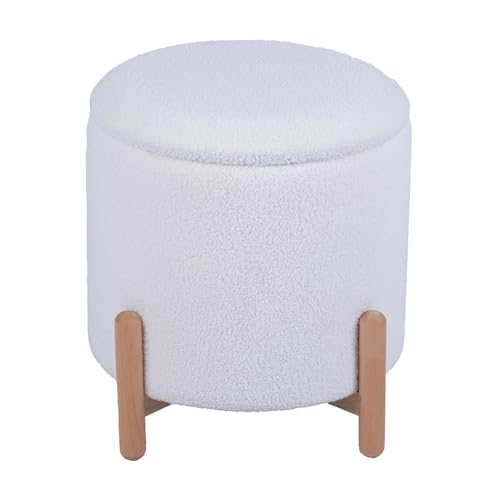 Puf Almacenamiento Tapizado Bl Anco C/Patas Madera Natural