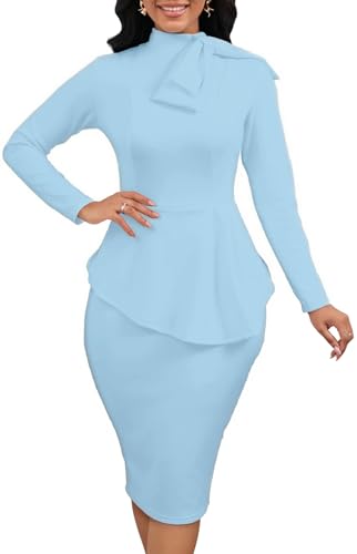 Image of WanMem Women Formal Bodycon Peplum Cocktail Dress Short Sleeve Bow Ruffle Pencil Party Midi Dresses