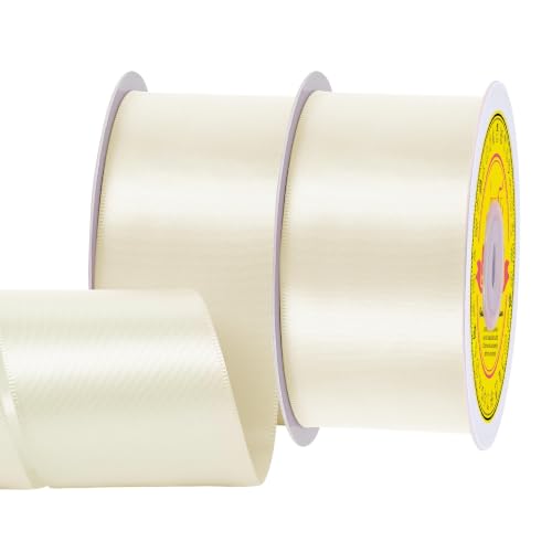 Image of 2 Rolls Double Face Ivory Satin Ribbon 2 Inch Polyester Ivory Ribbon for Gift Wrapping Very Suitable for Weddings Party Invitation Decorations and More,Total 50 Yards