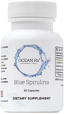 Ocean Rx Organic Pure Blue Spirulina Capsules | Natural Superfood | Prebiotic Phycocyanin Supplement | Healty Skin, Oral Health, & Wound Recovery | 30 Serving Bottle