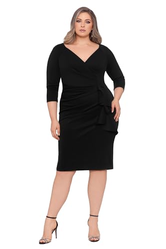 Xscape Women's Plus Size Midi V-Neck 3/4 Sleeve Side Ruched Dress, Black, 14W