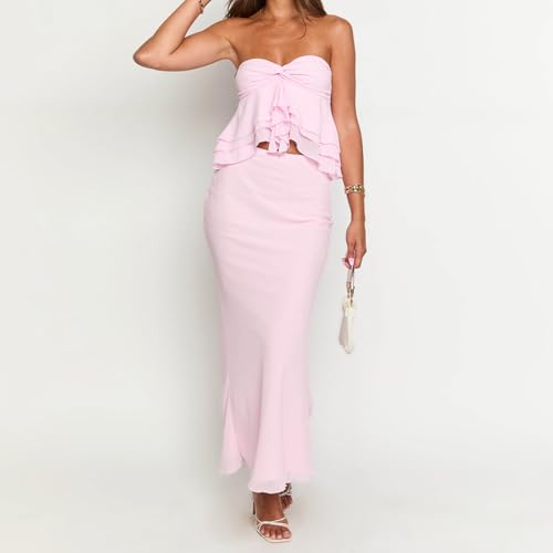 Two Piece Maxi Skirt Sets for Women Strapless Ruffles Tube Tops High Waist Long Skirts Summer Outfits Set2