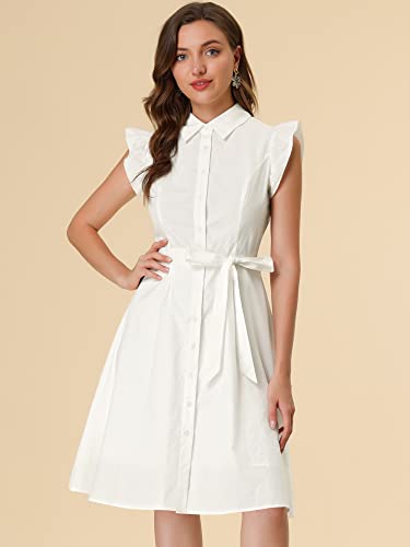 Image of Allegra K Women's Ruffled Sleeve Casual Office Dress Tie Waist Button Down Cotton Shirt Dresses X-Large White