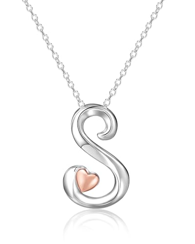 Mesovor Collana con Iniziale in Argento per Donna, Gioielli Placcati in Argento Sterling | Collana con Ciondolo con Nome Lettera Classica con Cuore in Oro Rosa, Catena da 20 Pollici (Lettera-S)