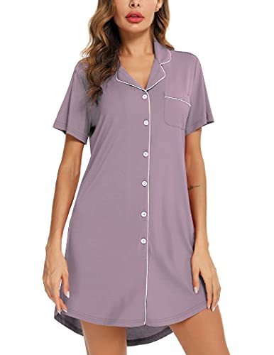 Image of Samring Pajama Nightgown for Women Short Sleeve Button Down Boyfriend Night Gown Nightdress Sleep Shirts