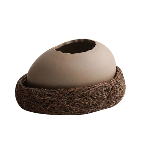ERdbar Egg Shell Bowl, Pottery Egg Shell Shape Tableware, Versatile Creative Realistic Cracked Egg Shell Tableware with Bird Nest Trivet, Funny Cute Cracked Egg Shell Shaped Serving Bowls(Large)