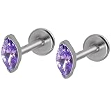 2PCS 16g Titanium Marquise Tiny Opal CZ Flat Back Labret Stud Piercing Cartilage Tragus Conch Helix Stud Earrings Lip Monroe for Women or Men (16g/6mm Bar Length, 1 pair Amethyst CZ)