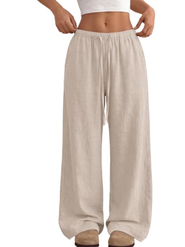 LILLUSORY Linen Pants Women Summer 2026 Flowy Palazzo Boho Lightweight Loose Wide Leg Coastal Casual Outfits Beach Vacation Clothes Apricot