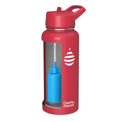 Clearly Filtered Water Bottle | Removes 220+ Contaminants, Double-Wall Insulated Stainless Steel, BPA/BPS Free, Phthalate Free, Filters Flouride Lead Chlorine (32oz, Crimson)