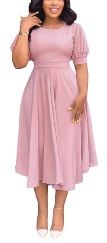 Image of Summer Dresses for Women Semi-Formal Fit Casual Slim Short Puff Sleeve O-Neck Elegant Swing A Line Maxi Dresses