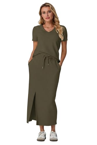 Image of GRECERELLE Women Summer Casual 2 Piece Sets V-Neck Wrinkle-Free Top & Elastic Waist Midi Side Slit Skirt with Pockets
