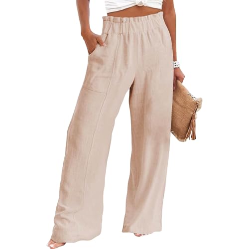 Womens Cotton Linen Palazoo Pants Elastic High Waisted Wide Leg Casual Trousers Summer Trendy Comfy Travel Pant with Pocket