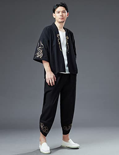 Ystylee Men's 2 Piece Set Kimono Cardigan Suit Chinese Style Embroidered Hanfu Jacket Pants Set Open Front Top & Shorts4