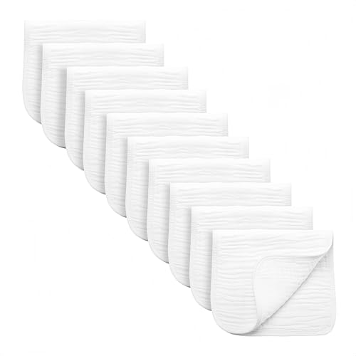 Image of Synrroe Burp Cloths Large, Muslin Burp Cloths for Baby Girls and Boys, Pack of 10 Extra Absorbent and Soft Muslin, 6 Layers 20 by 10 Inches 100% Cotton (White 10 Pack)