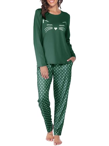 Reliwel Pyjama Femme Coton à Manches Longues Vêtements de Nuit Long Ensemble 2 Pièces Chat Doux Confortable Poches Tenue Automne et Hiver S-XXL