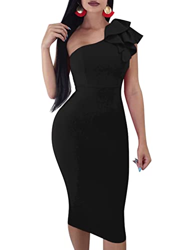 Mokoru Women's Sexy Ruffle One Shoulder Bodycon Elegant Cocktail Party Midi Dresses