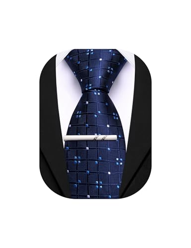 Image of Barry.Wang Plaid Ties Mens Silk Necktie and Tie Clip Checkered Tie for Wedding Party Business Formal