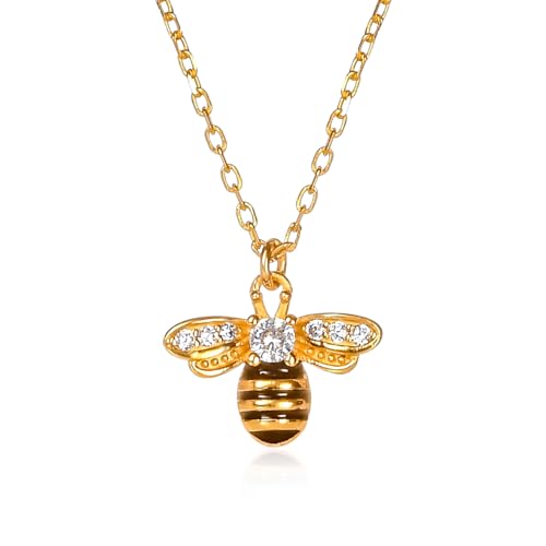 namana Collier Pendentif Or en Abeille pour Femme et Jeune Fille. Collier Femme Or serti de Zircons avec des Détails en Email Noir. Chaine et Pendentif Argent...