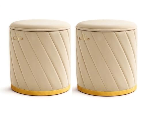 Image of Luxury Velvet Ottoman Stool for Living Room & Bedroom | Premium Round Pouffe with Gold Metal Base | Modern Footrest, Extra Seating & Home Decor (Cream Set of 2)