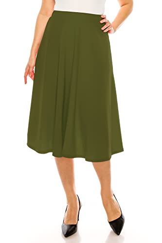 FashionStream Women's Plus Size A-Line Casual Flared High Waist Elastic Band Solid Midi Skirt