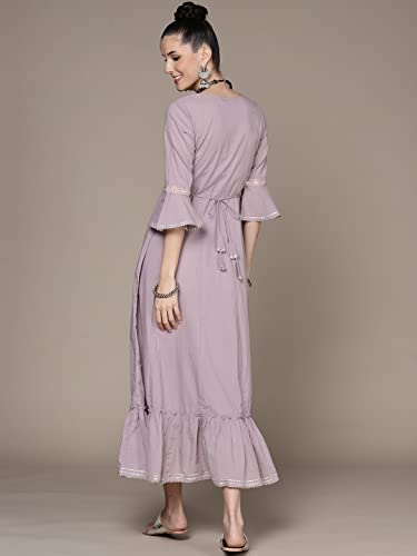 Image of anubhutee Women's Maxi Cotton Lavender Mirror Work Embroidered A-Line Indo Western Dress