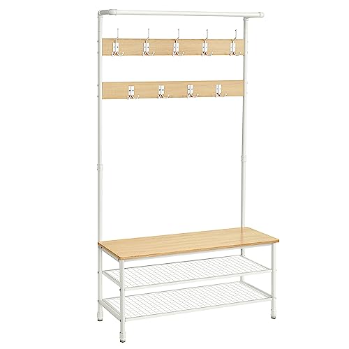 VASAGLE Perchero, Mueble Recibidor Grande con Banco, 9 Ganchos, Zapatero, Perchero, 41,5 x 100 x 182 cm, para Pasillo Salón Dormitorio, Roble y Blanco HSR047W09