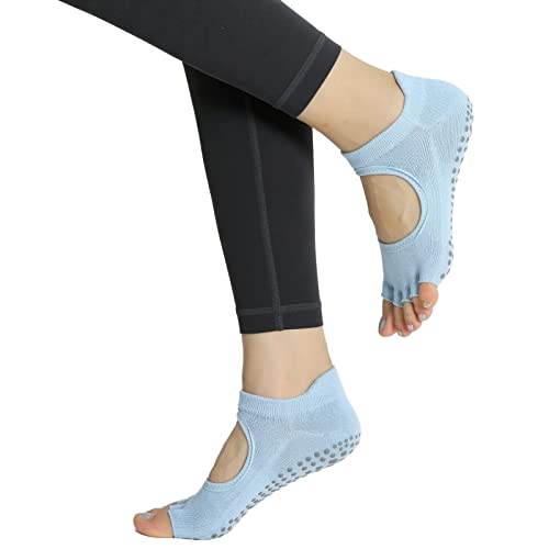 Image of Yoga Pilates Toe Socks Toeless Socks with Grips for Women Non Slip Cushioned Low Cut Ankle Socks for Dance
