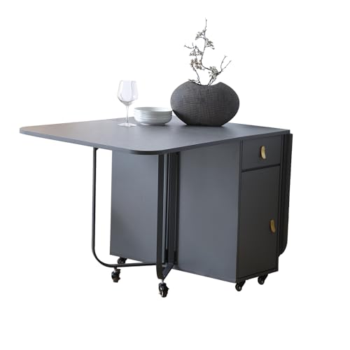 FUNROLUX 折りたたみダイニングテーブル 頑丈な4本脚 8輪キャスタ 収納付き 伸長式 バタフライ 幅160cm 折り畳みダイニングテーブル 省スペース食卓 ダークグレー